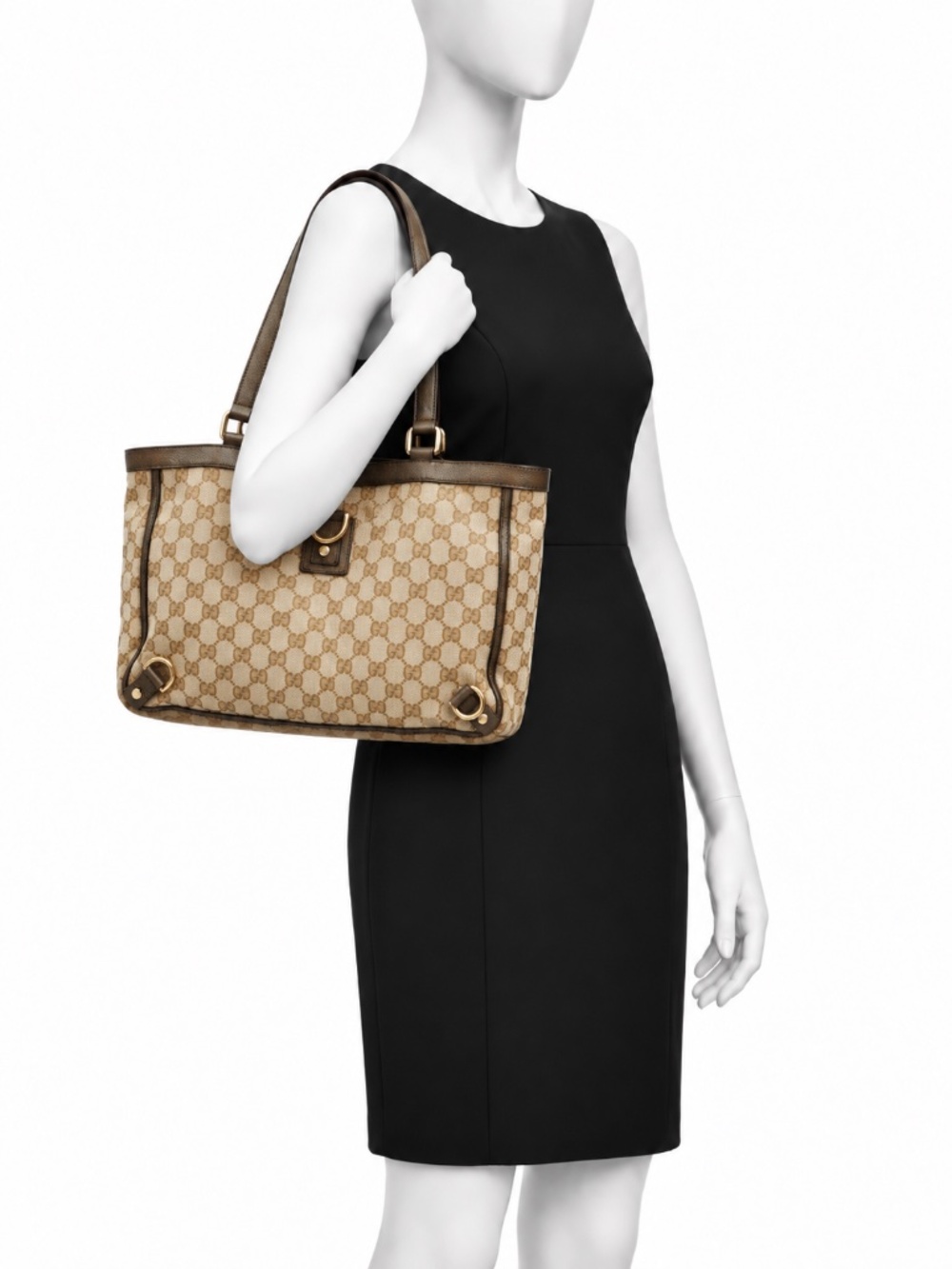 Gucci Abbey D-Ring GG Monogram Canvas Tote Bag Metallic Brown Leather Trim